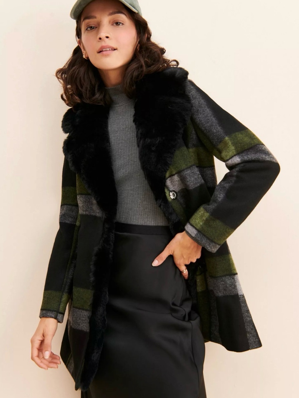 Hutch Ada Plaid Coat with Faux Fur Trim - Black & Olive
